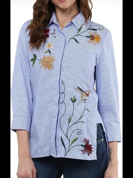 cliche Tops - Cliche Striped Blue Floral Embroidered Button-Down Shirt